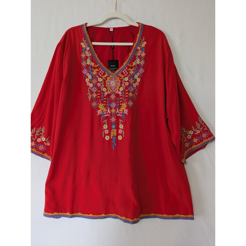Laura Klein Red Embroidered Boho Tunic Top 3XL Plus Size V-Neck Rayon 3/4 Sleeve